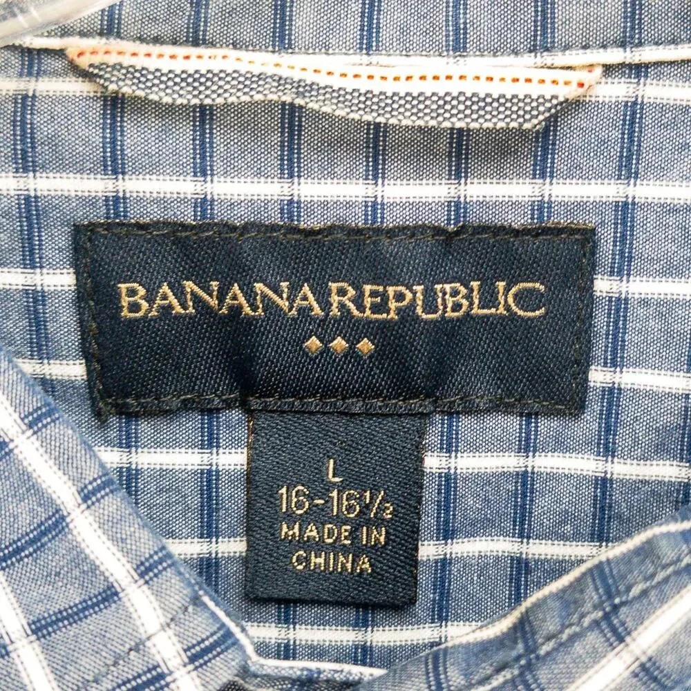 Banana Republic Short Sleeve Button-Up Shirts Men's Large 16 Lot of 2 Check Blue